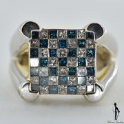 14K White Gold SI1-2 Blue and Regular Diamond (0.75 CT.) Checkerboard Style Invisible Set Hand Fashioned Ring