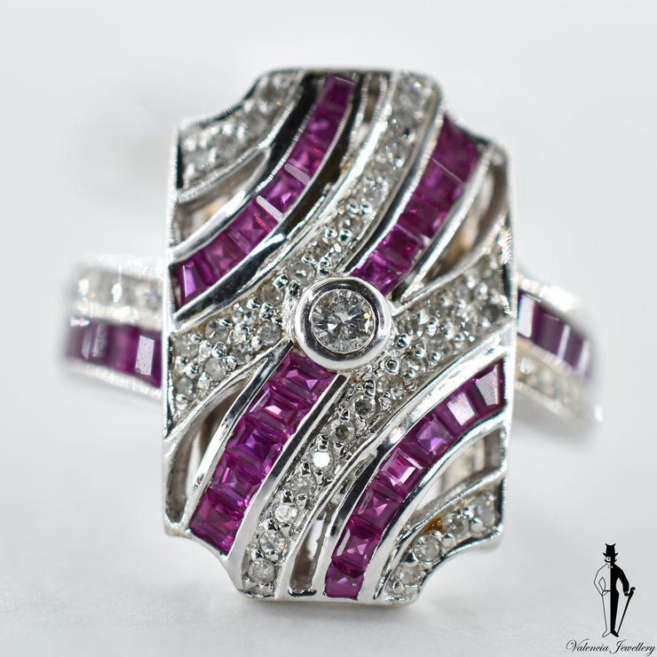 18K White Gold Natural Ruby and Diamond (1.0 CT, 0.30 CT.) Victorian Style Ring