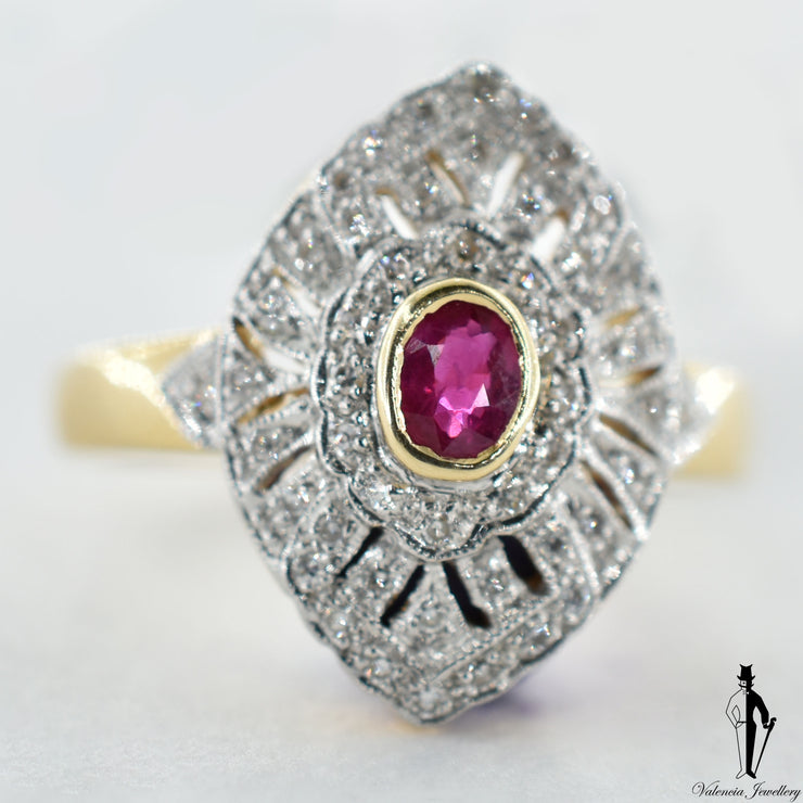 14K Yellow and White Gold Natural Ruby and Diamond (0.15 CT, 0.25CT.) Cluster Style Ring