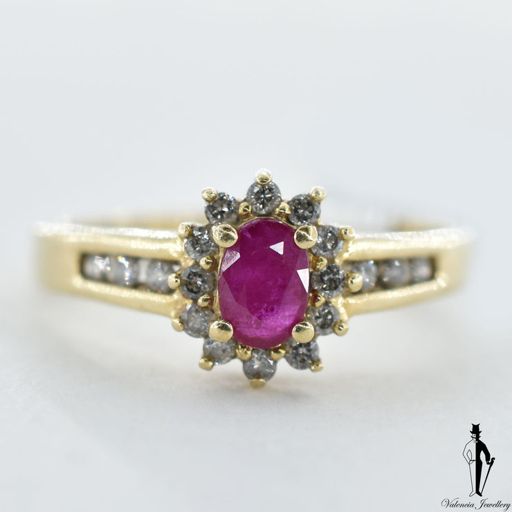 10K Yellow Gold Natural Ruby and Diamond (0.36 CT, 0.28 CT.) Cluster Style Ring