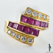 18K Yellow Gold Natural Ruby and Diamond (1.0 CT, 0.35 CT.) Swirl Style Hand Fashioned Channel and Bead Set Ring