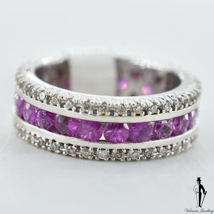 18K White Gold Natural Ruby and Diamond (1.30 CT, 0.50 CT) Full Eternity Band