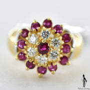 18K Yellow and White Gold Natural Ruby and Diamond (0.70 CT, 0.40 CT.) Cluster Style Ring