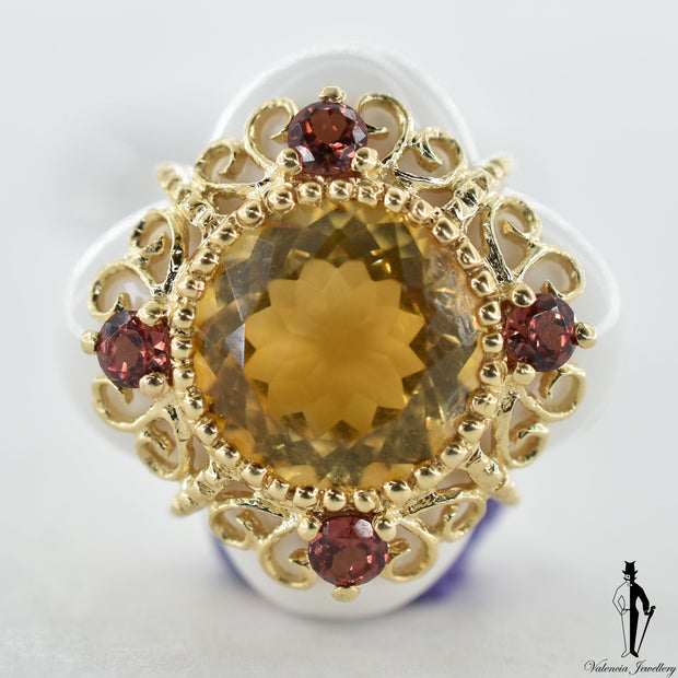 14K Yellow Gold Natural Citrine Quartz and Rubellites (3.98 CT, 0.40 CT.) Designed Dress Ring