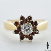 14K Yellow and White Gold Natural Almandite and Diamond (0.48 CT, 0.25 CT.) Cluster Style Ring