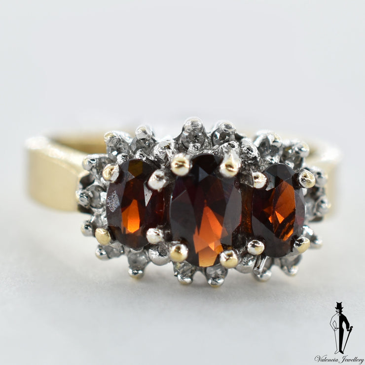 10K Yellow and White Gold Natural Garnet and Diamond (0.90 CT, 0.12 CT.) Cluster Style Ring