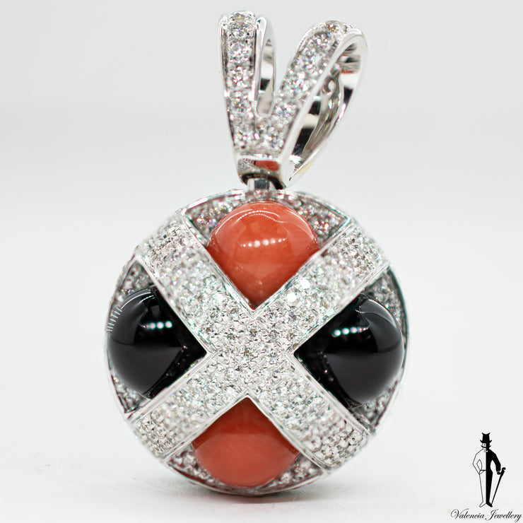 2.75 CT. (VVS) Diamond Coral and Onyx Ladies Pendant in 18K White Gold