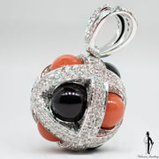 2.75 CT. (VVS) Diamond Coral and Onyx Ladies Pendant in 18K White Gold