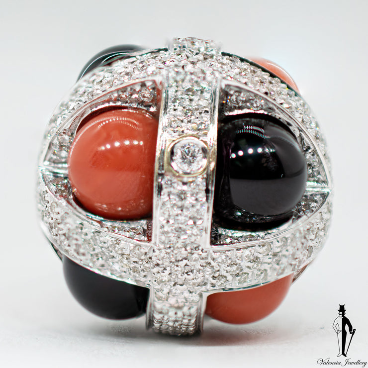 2.75 CT. (VVS) Diamond Coral and Onyx Ladies Pendant in 18K White Gold